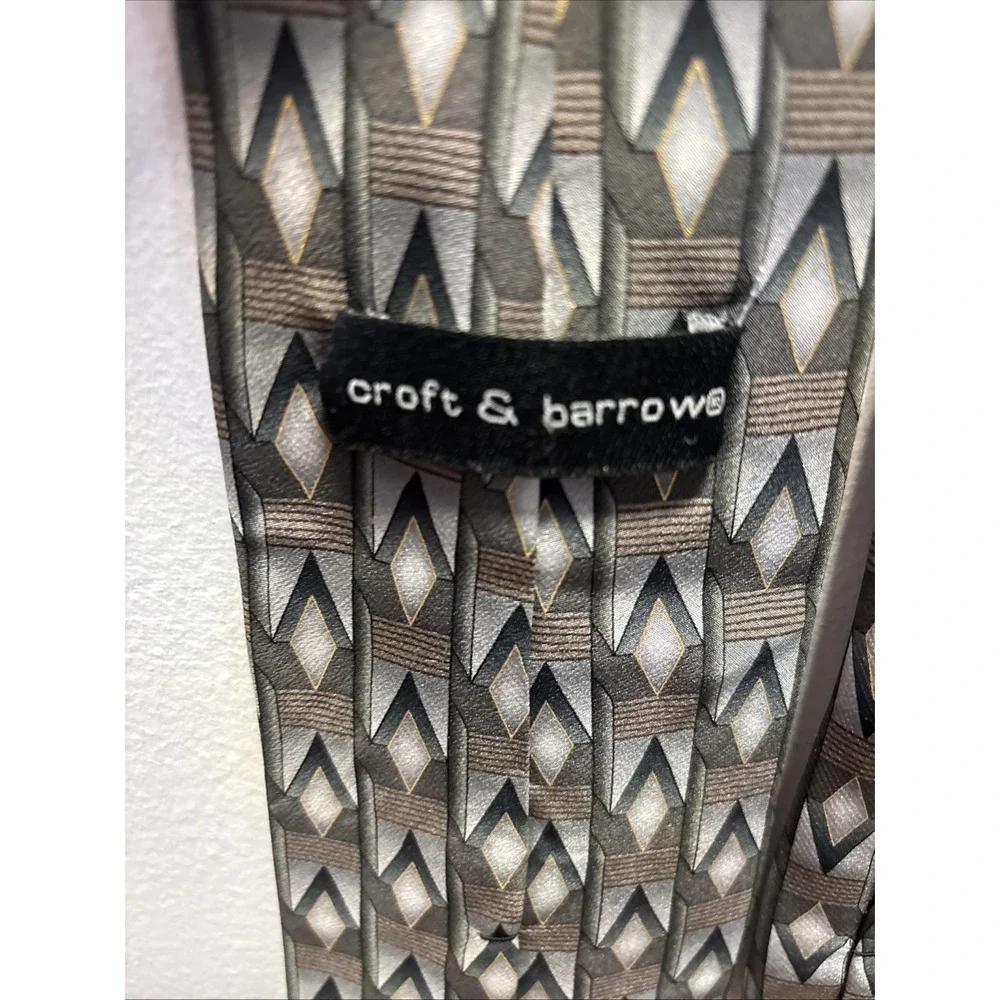Croft & Barrow Tie Mens OS Grey Geometric Diamond Silk Hand Sewn